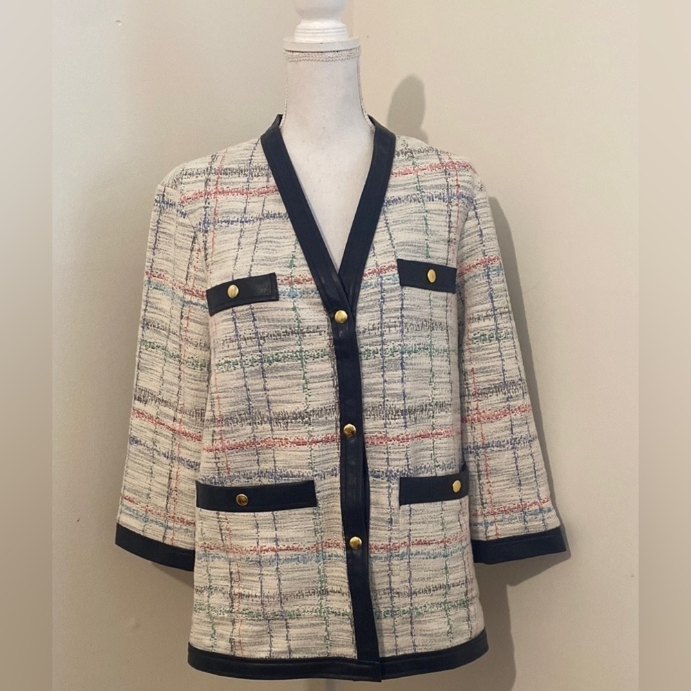 Tuckernuck Tweed Woman’s Jacket / Cardigan with Blue Faux Leather Trim Size XS